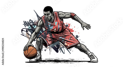Basketball player dribbling with graffiti background