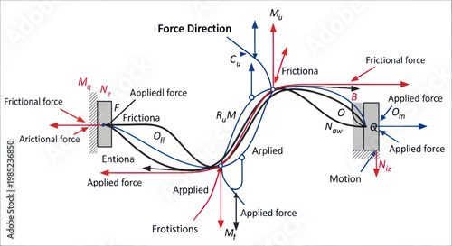 Engineering Diagram: Forces and Motion on a Curved Beam