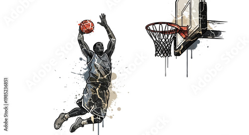 Basketball player dunking on white background, watercolor splash art style