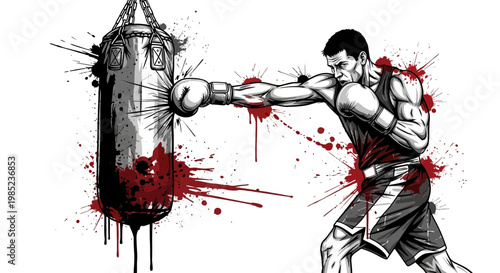 Boxer hitting punching bag with blood splatters, graphic illustration.