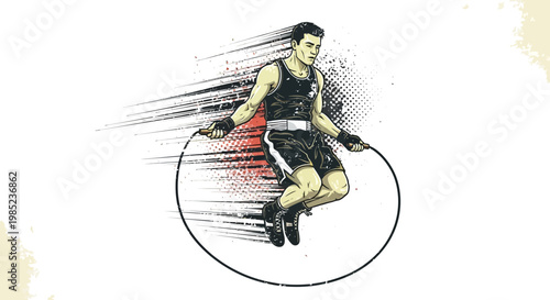 Boxer jumping rope, fitness training, dynamic movement, illustration