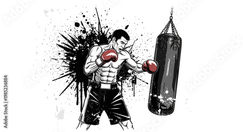 Boxer training with punching bag, dynamic action illustration