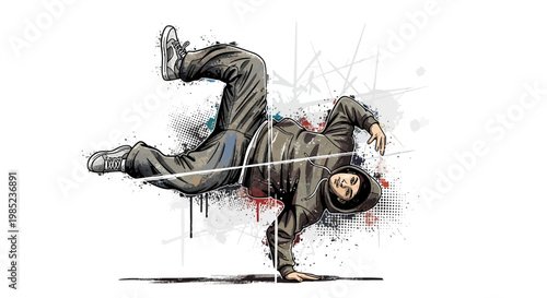 Breakdancer performing freeze move with urban graffiti art background
