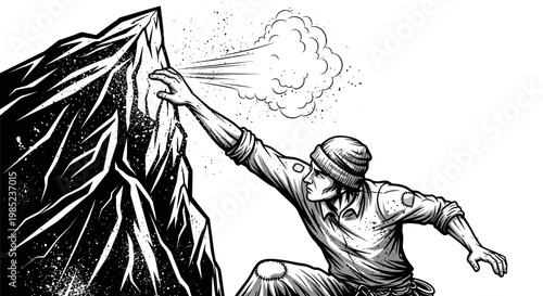 Man climbing icy mountain, reaching summit, overcoming challenge, adventure, exploration