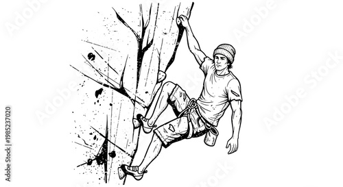 Man climbing rock wall, action illustration, outdoor sport