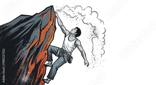 Man climbing steep mountain rock face, reaching for the summit