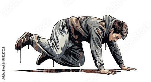 Man crawling in grey hoodie, distressed, isolated on white background