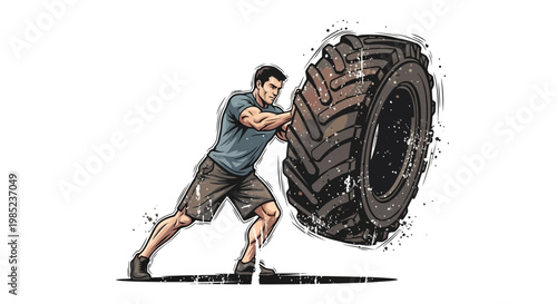 Man Pushing Large Tire