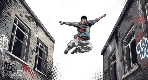 Man jumping between buildings, parkour, urban extreme sports
