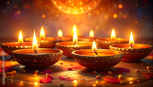 A serene arrangement of lit diyas on a decorative plate