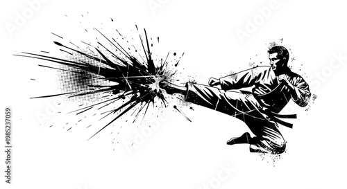 Martial artist kicking with explosive energy burst, black and white graphic