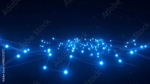Glowing blue network nodes connected by flowing light strands and thin light trails across dark starry space, abstract digital connection and futuristic energy field conveying dynamic motion