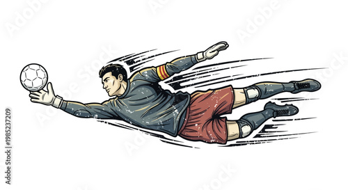 Soccer Goalkeeper Diving to Save Ball, Dynamic Action Illustration