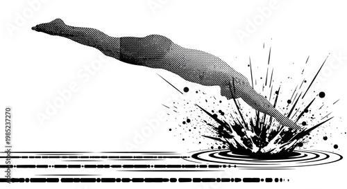 Swimmer diving into water splash, dynamic action, black and white halftone illustration