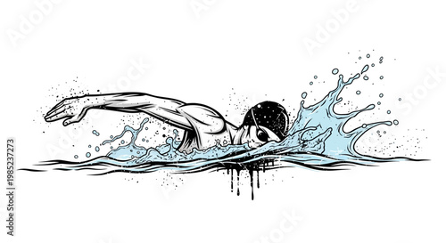 Swimmer performing freestyle stroke in water splash
