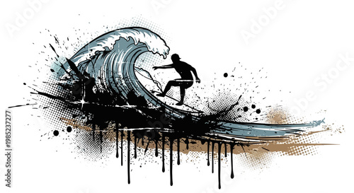 Surfer Silhouette Riding Crashing Wave, Abstract Splash and Grunge Elements