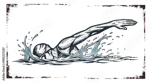 Swimmer performing freestyle stroke in water, dynamic illustration