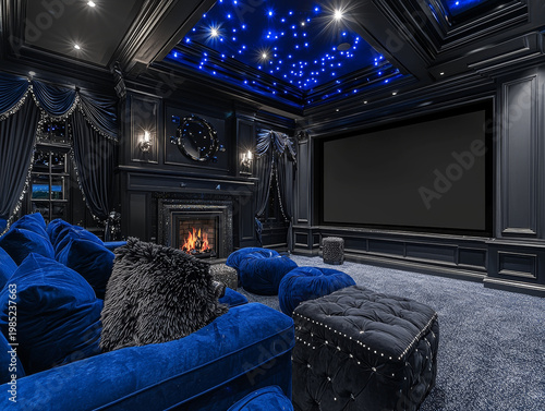 Ornate black home theater with glowing starry ceiling, huge screen, cozy fireplace, and plush blue velvet seating