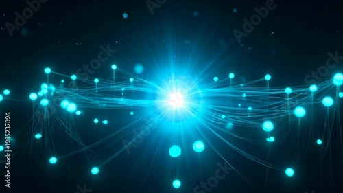 Bright blue glowing network node center with radiating light strands and connected points conveying digital connection data futuristic technology energy bright blue light burst with glowing particles