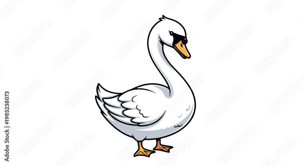 Obraz premium Playful cartoon swan standing on a clean white background with a friendly curved neck