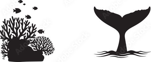 Coral reef with small fish and whale tail silhouette in ocean waves Isolated on white background