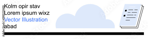 Data storage, digital organization, cloud computing, information management, office tools, business processes. A cloud icon and document over a line. Cloud computing and data storage