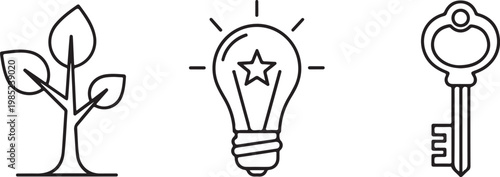 Growth idea key concept with plant lightbulb and old skeleton key vector icon Isolated on white background