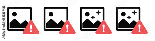 Warning error image loading failure set with red alert triangle sign and mountain icon flat style collection.