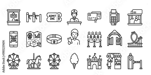icon sheet collection of admission tickets, payment terminals, ferris wheels, carousels, and sweet carnival snacks for fairground and festival event planning.