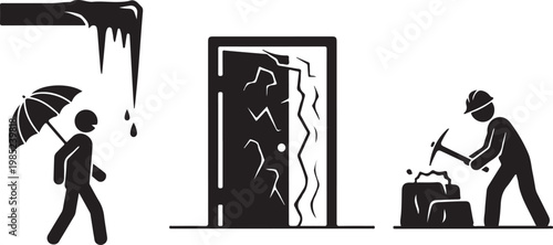 Miner breaking rock cracked screen person falling with umbrella during extreme weather Isolated on white background