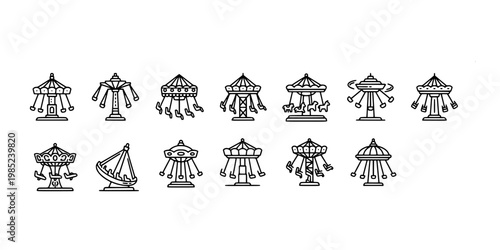icon sheet collection of classic rotating swing rides, spinning carnival attractions, and aerial fairground carousels for family entertainment and leisure park designs.