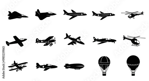 Aircraft Silhouettes Collection: Jets, Helicopters, Airplanes, Blimps, Hot Air Balloons