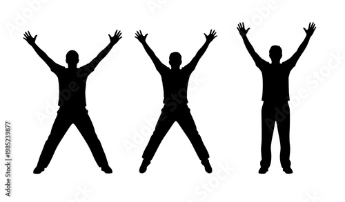 Set of man silhouettes with raised arms in different victory poses isolated on white background