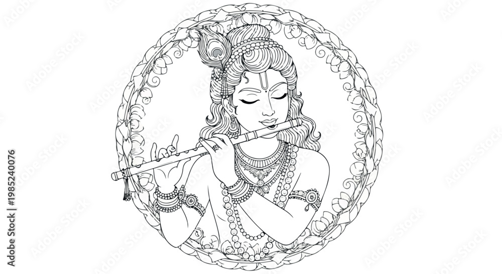 Fototapeta premium Line art depicts a serene female deity playing a flute inside a circular floral mandala, evoking a spiritual mood