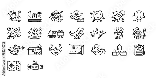 icon sheet collection of playful mascots, fantasy characters, space rockets, pirate treasures, and magical items for childrens themed entertainment and storytelling.