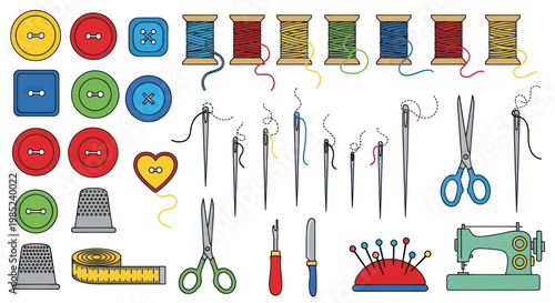Sewing Supplies Collection: Buttons, Threads, Needles, Scissors, Thimbles, Measuring Tape & Machine