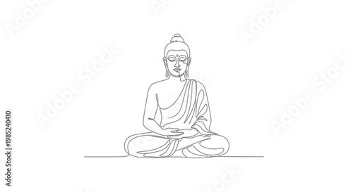 Meditating Buddha single line drawing, serene spiritual enlightenment, peaceful yoga pose.