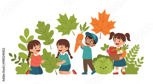 Cheerful children explore nature and harvest oversized vegetables like carrots and cabbage in a vibrant, illustrative garden setting.