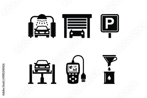 Automotive service and car maintenance icon set - Auto Repair Garage Car Wash and Diagnostic Tool Silhouette Vector Artwork