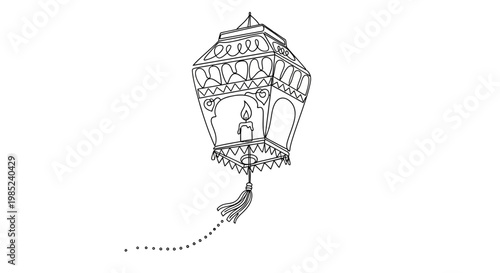 Hand-drawn Lantern with Candle Flame, Tassel, and Dotted Trail - Black and White Sketch