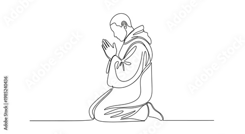 Monk praying, one line drawing, kneeling, hands clasped, spiritual devotion, simple art