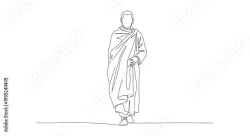 Monk walking, minimalist line art, serene Buddhist monk in saffron robes, walking with bowl
