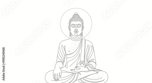 Buddha outline drawing, serene meditation pose, spiritual icon, white background