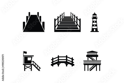 Coastal pier lighthouse and beach lifeguard tower icon set - Beach and waterfront safety silhouette set for tourism and marine design