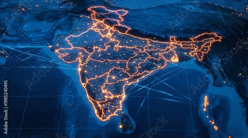 Futuristic Digital Map of India and Asia with Glowing Network Connections and Data Visualization Concept