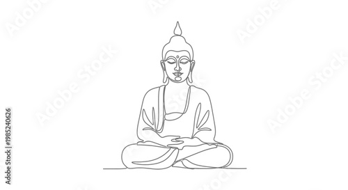 Meditating Buddha single line drawing, serene spiritual enlightenment, minimalist peace symbol