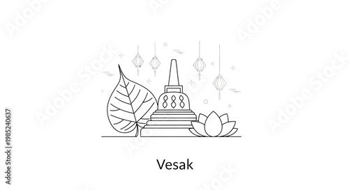 Vesak Day Buddhism Symbols Line Art: Stupa, Bodhi Leaf, Lotus Flower