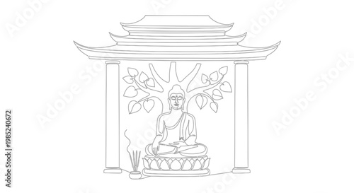 Buddha Meditation Under Bodhi Tree in Pagoda Outline Style
