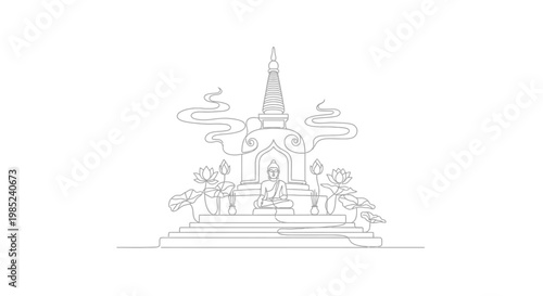Zen Buddhist Temple Icon: Buddha Statue, Stupa, Lotus Flowers, Meditation Aura