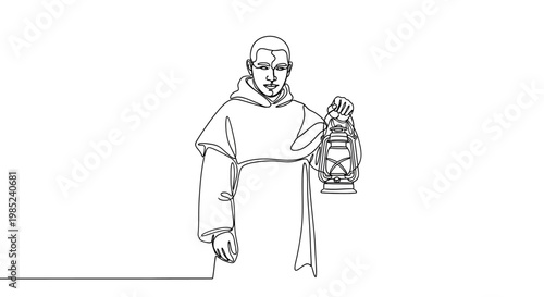 Monk holding an old lantern, line art illustration, spiritual journey, medieval character